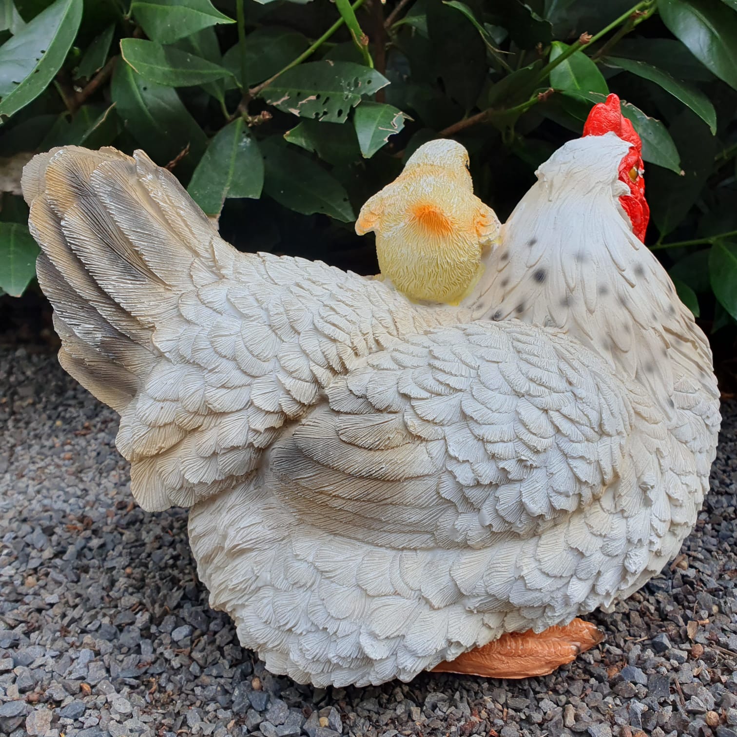 Sitzende Weiße Hühner Gartenfigur mit verspielten gelben Küken von Hinten