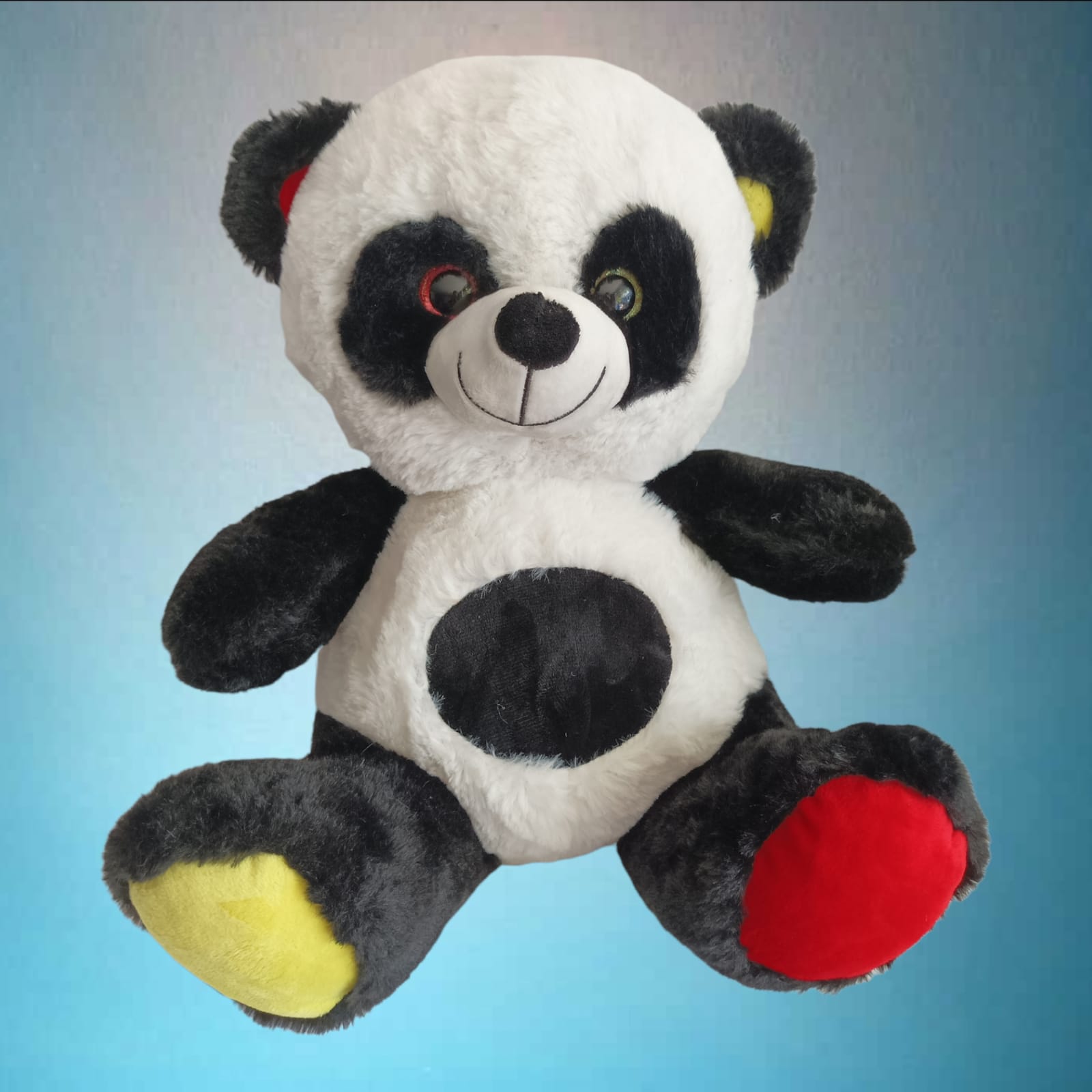 Kuscheltier Plüsch Pandabär sitzt 40 cm gelb und rot