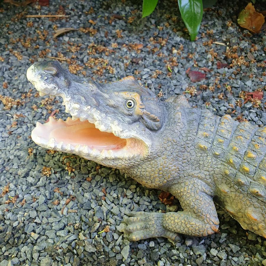 Kleines Krokodil als Gartenfigur Nahaufnahme