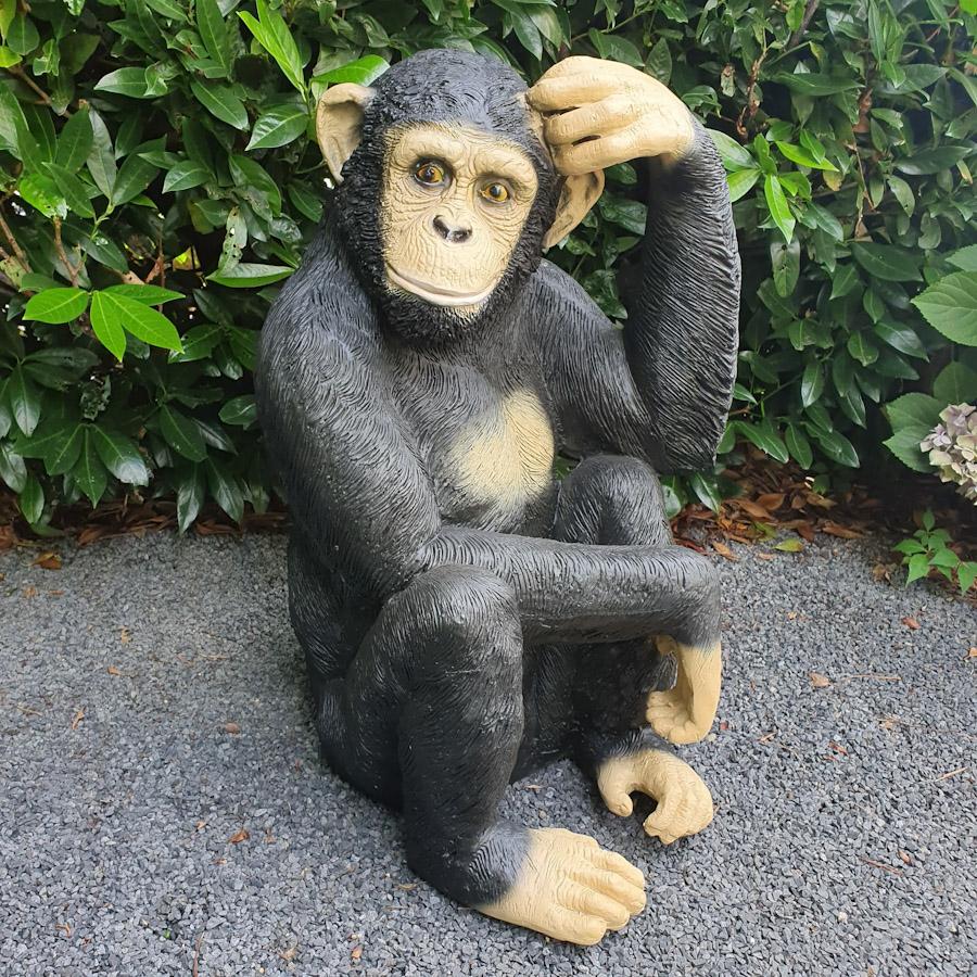 Grosser Shimpanse kratzt sich am Kopf als Gartenfigur