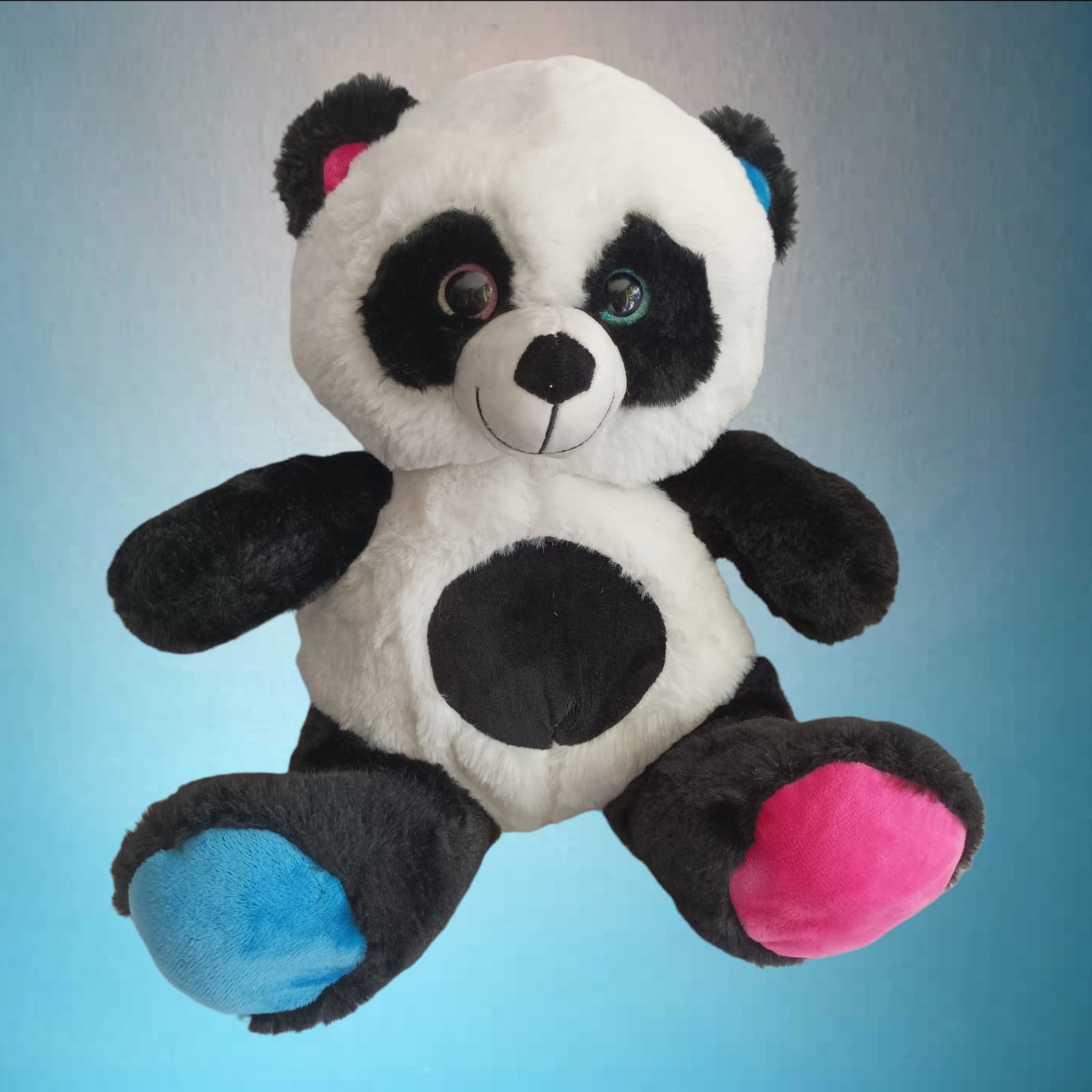 Kuscheltier Plüsch Pandabär sitzt 30 cm blau und pink
