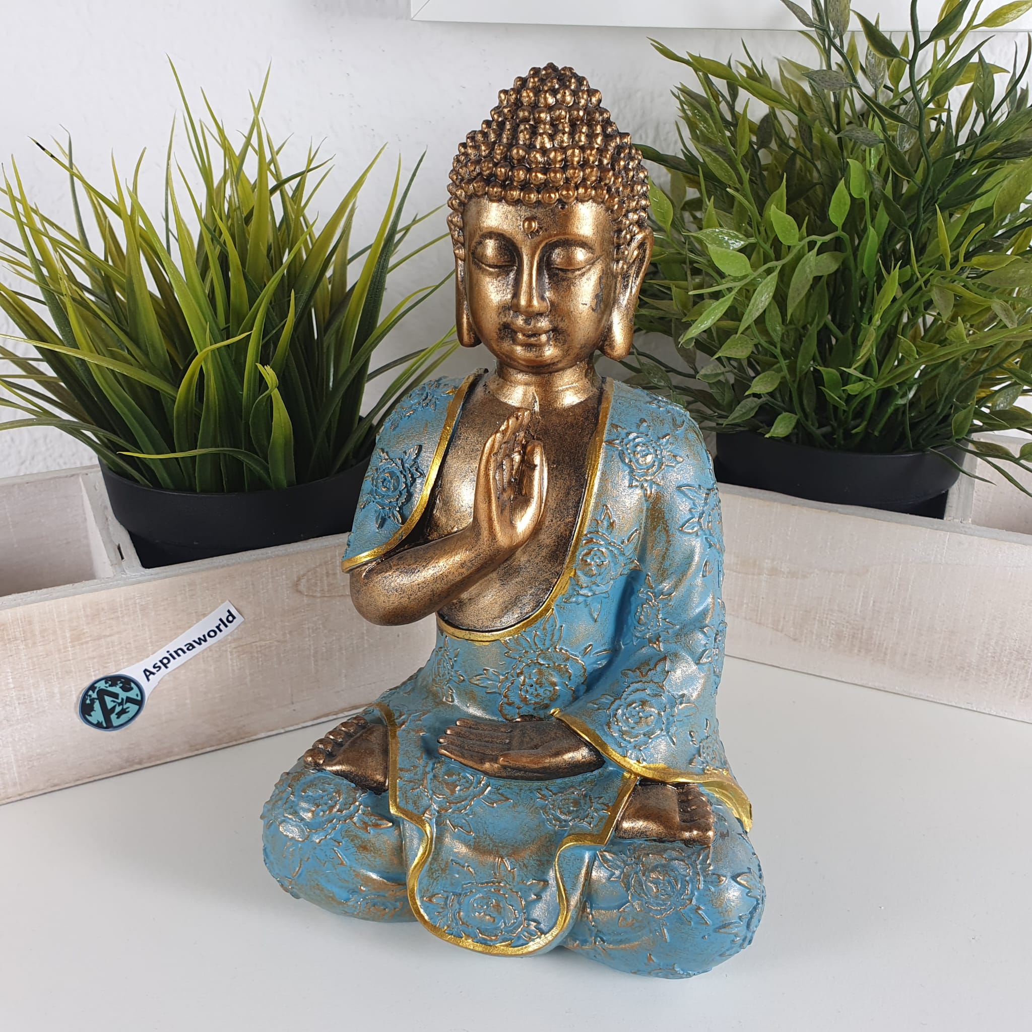 Deko Buddha Figur sitzt Hand oben 22 cm mintgrün