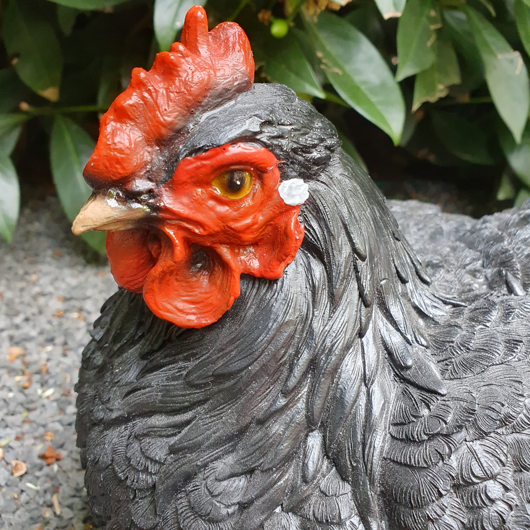Schwarze sitzende Hühner Gartenfigur nah Ansicht Kopf 