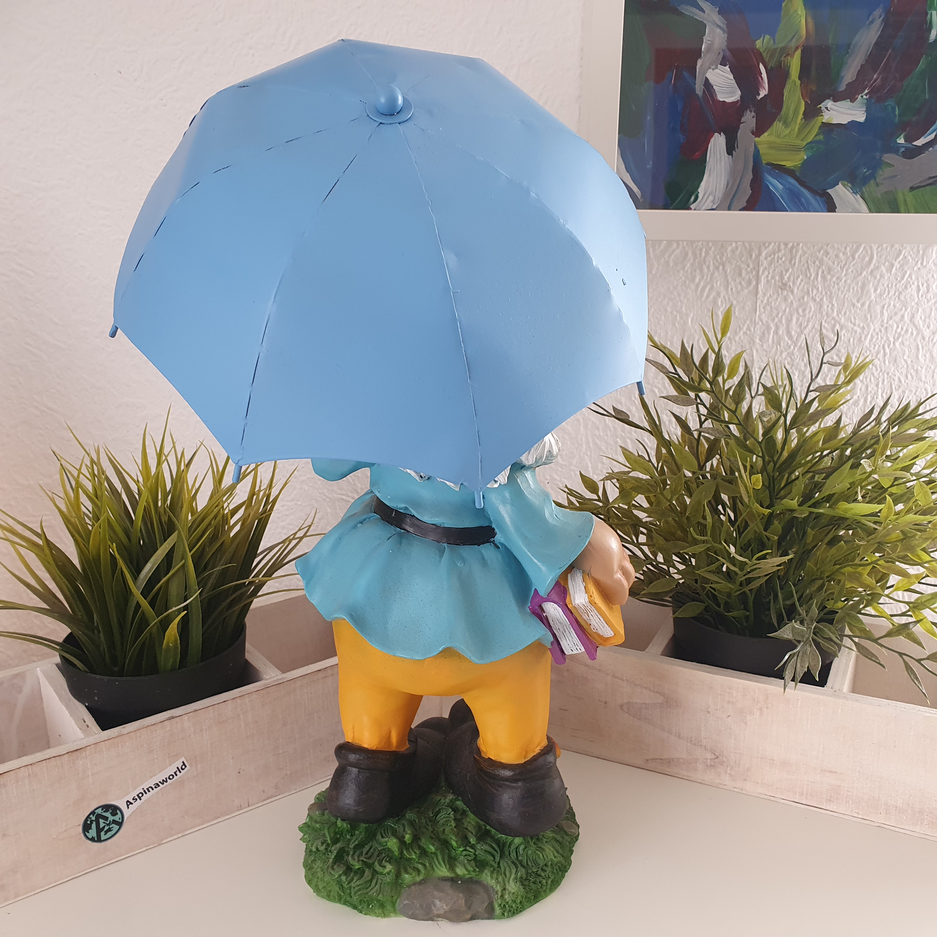 Zwerg mit Buch und grünem Schirm 38 cm