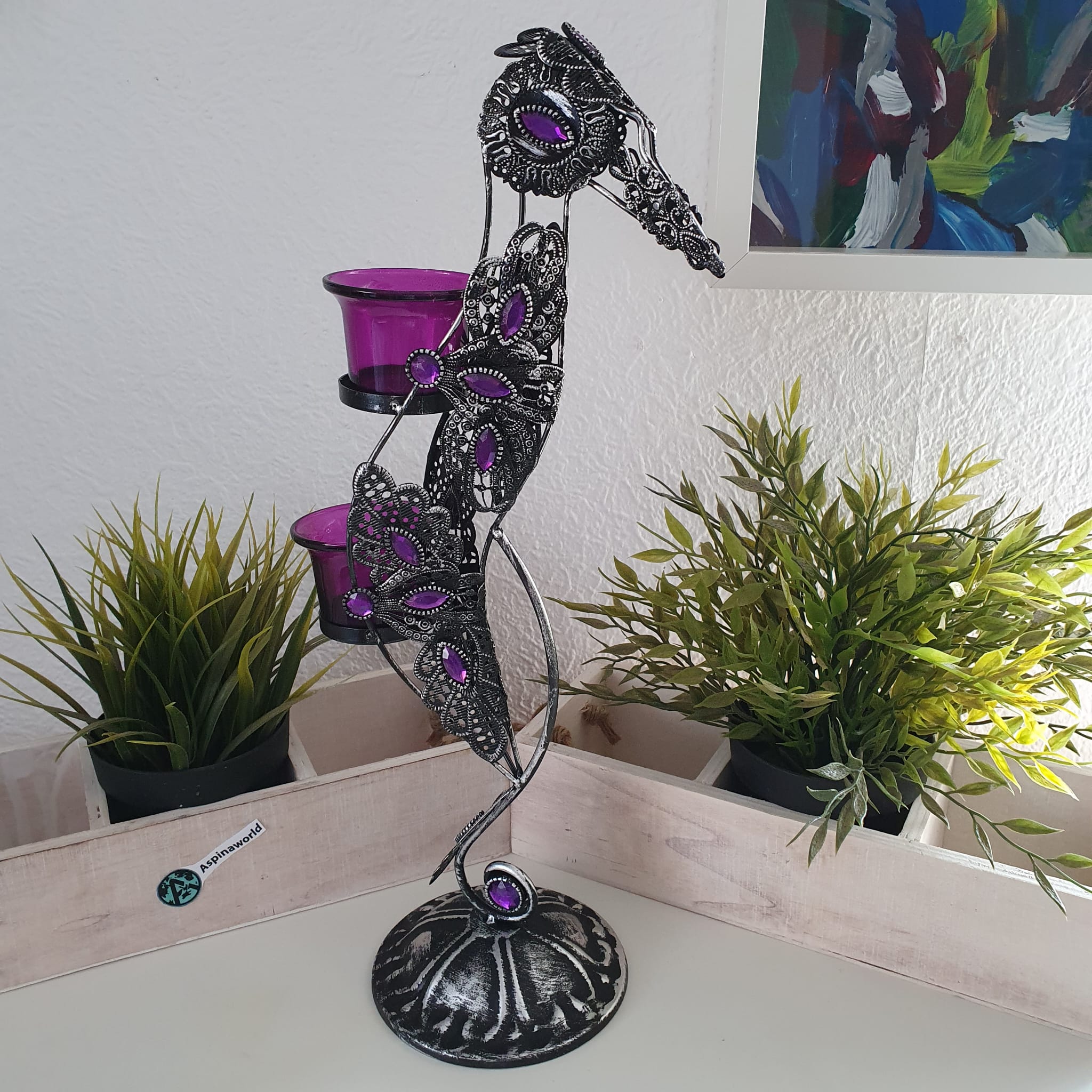 Metall Teelichthalter in Vogelform für 2 Teelichter 40 cm lila Metallfigur