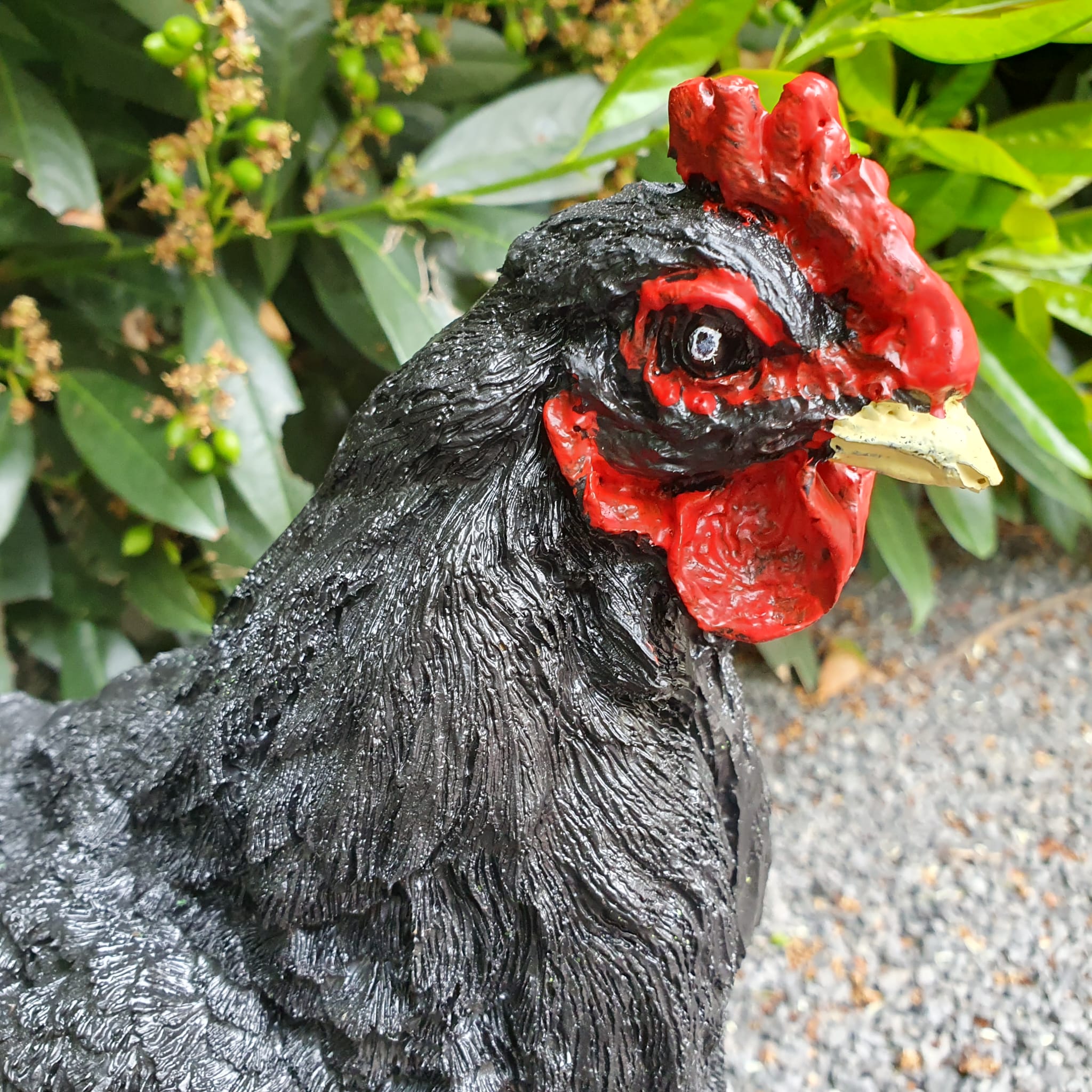 Stehendes Schwarze Hühner Gartenfigur mit schwarzen Schwanzfedern nah Ansicht Kopf