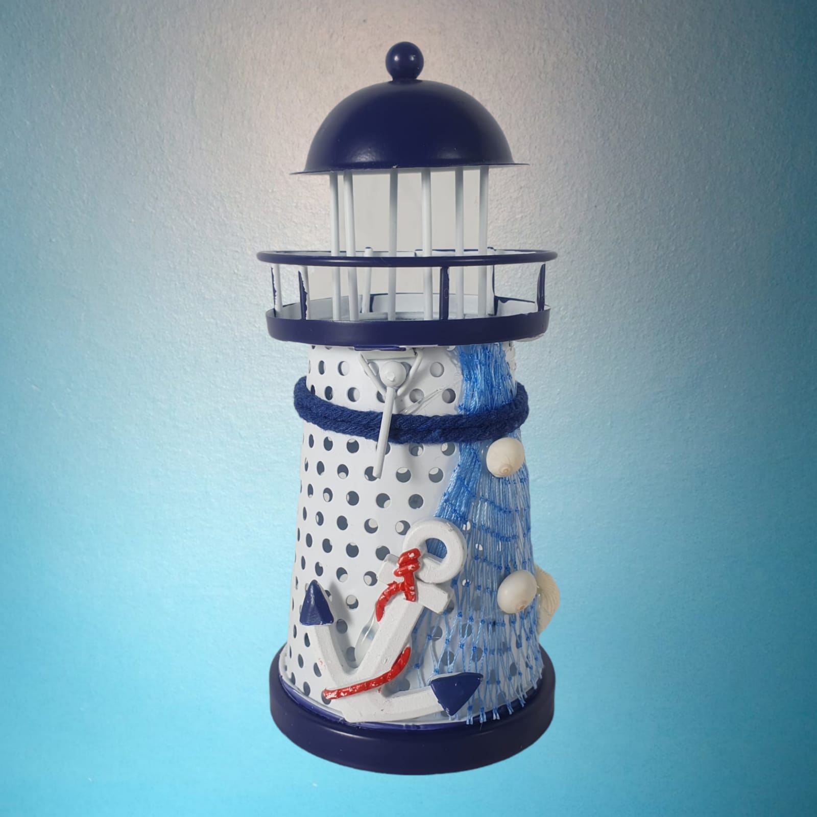  Maritime Deko Leuchtturm Teelichthalter aus Metall mit Anker 14 cm