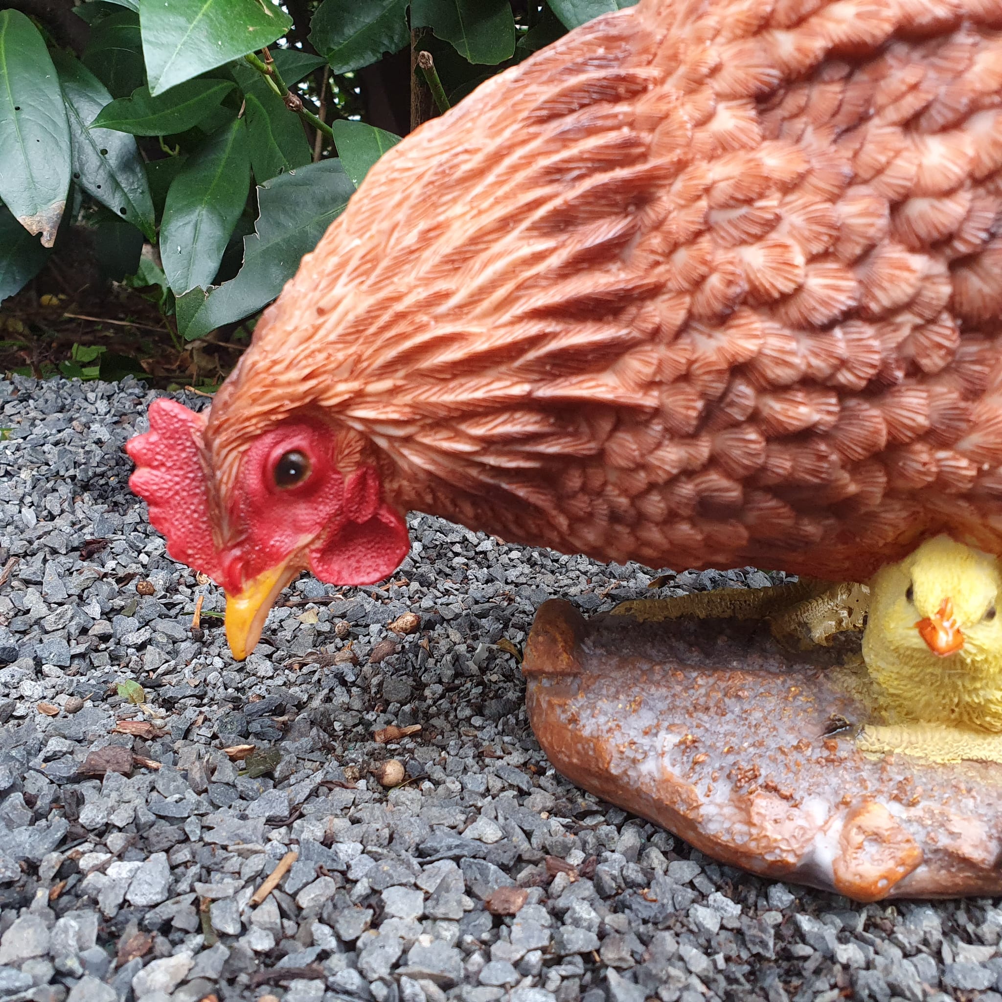 Pickende braune Hühner Gartenfigur mit gelben Küken nah Ansicht ans Gesicht  