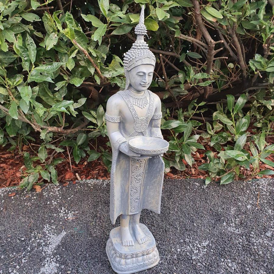 Grauer Thai Buddha mit Schale als Gartenfigur