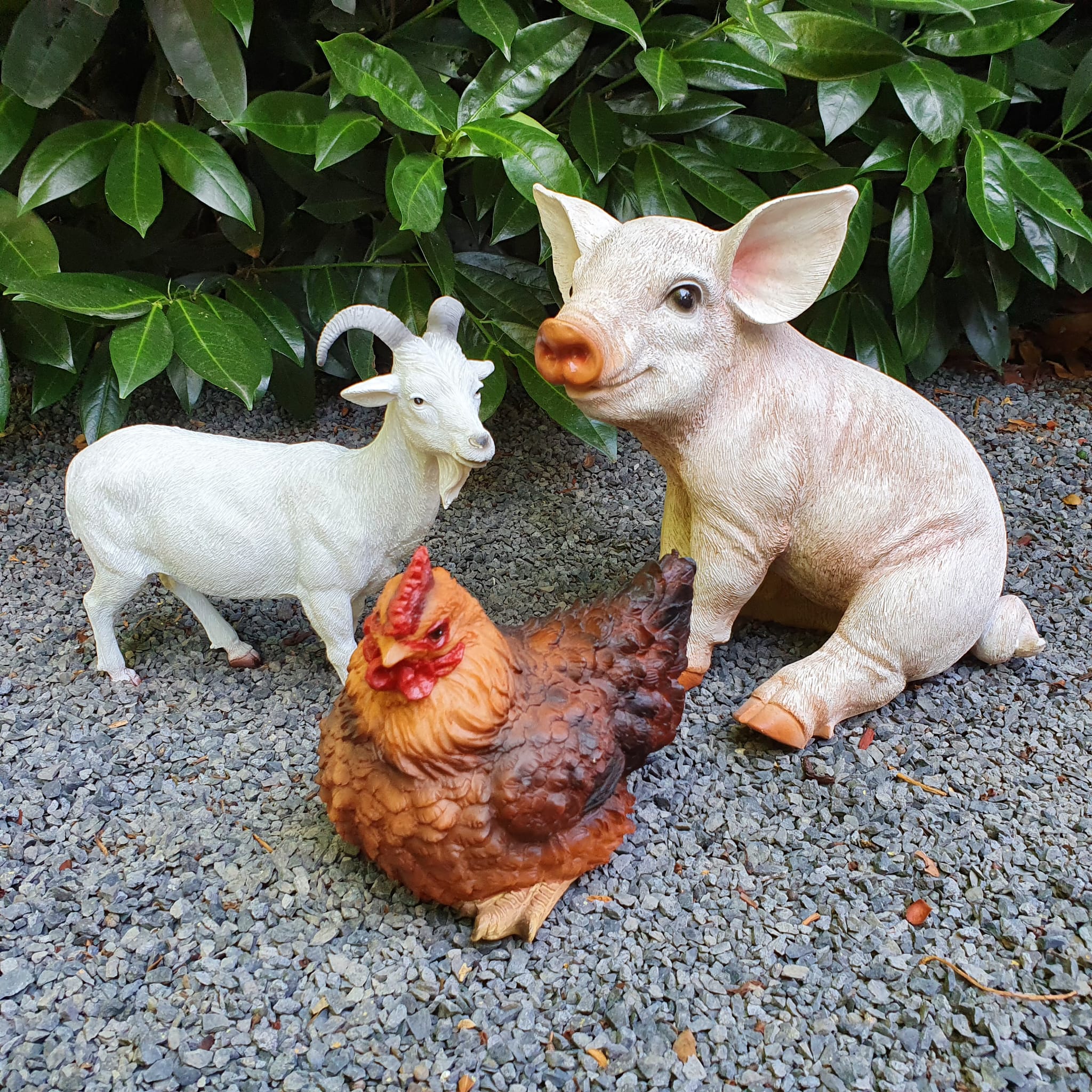 Gartenfigur 3er Set mit Huhn, Schwein und Ziege Bauernhof Deko