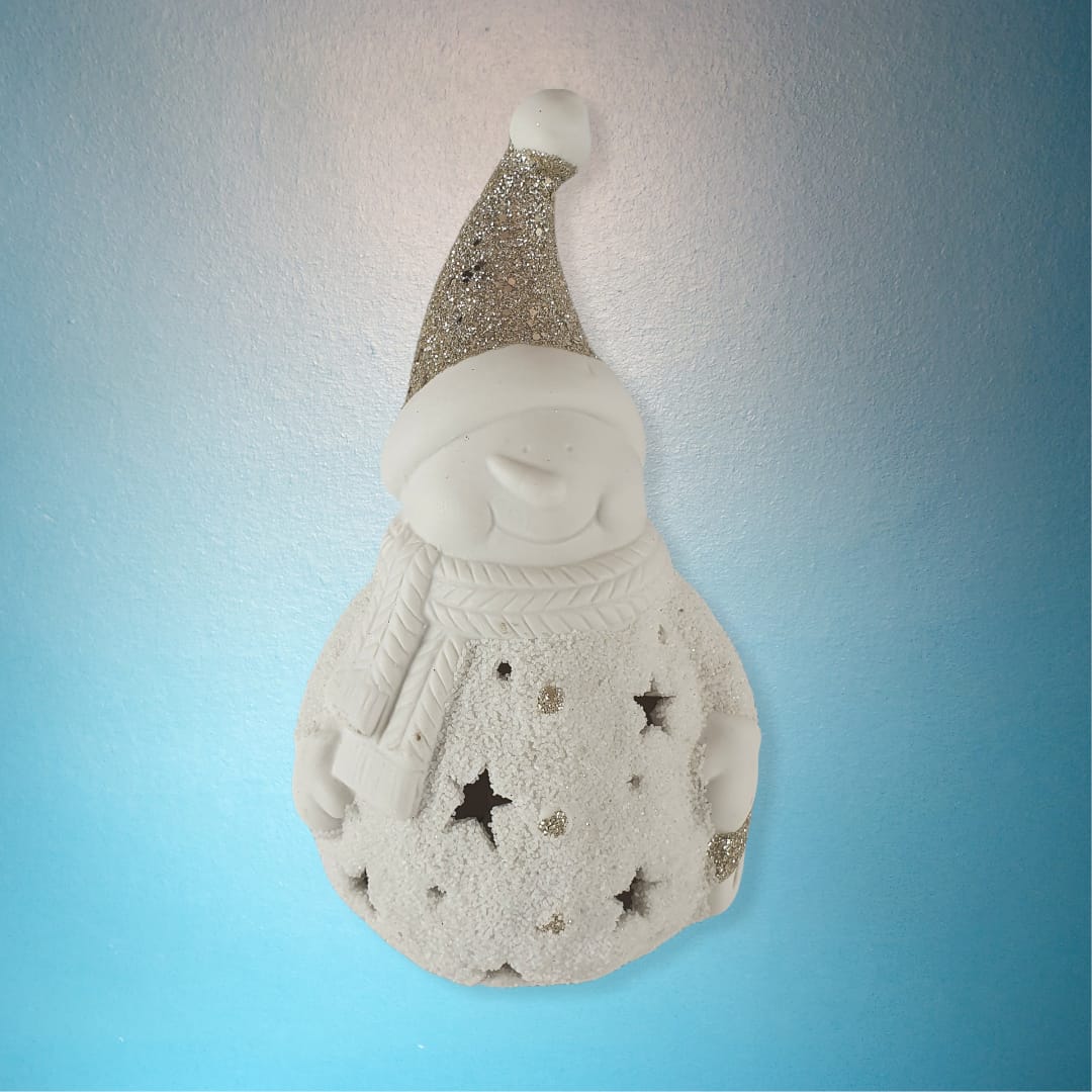 Schneemann Figur aus Porzellan mit LED 16 cm