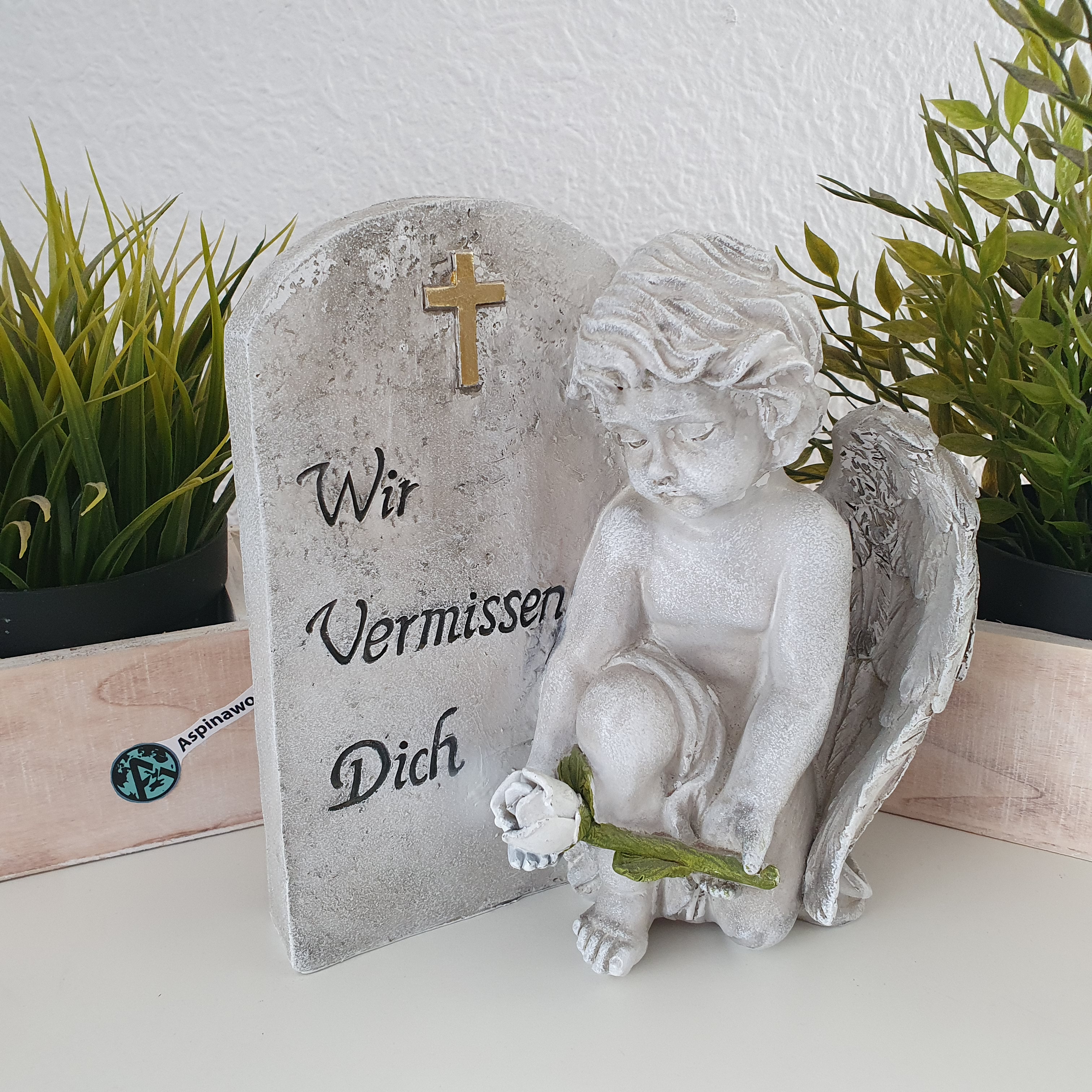  Engel Figur sitzt neben Spruchstein 20 cm