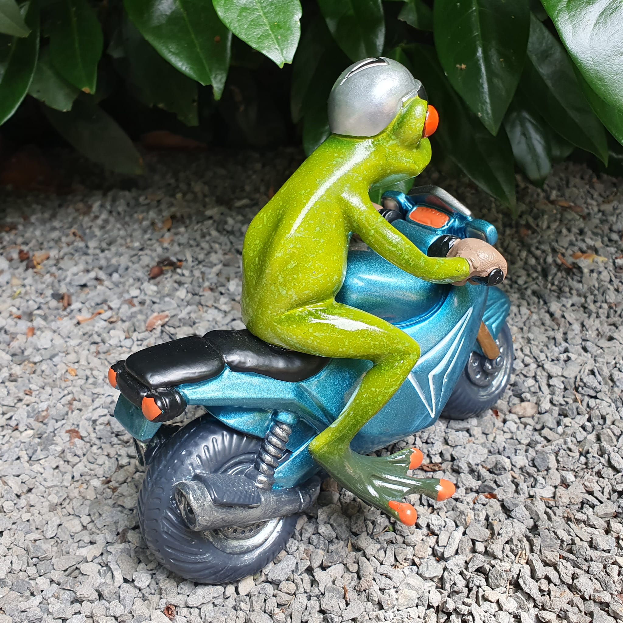 Frosch mit Motorrad Blau als Gartenfigur von hinten