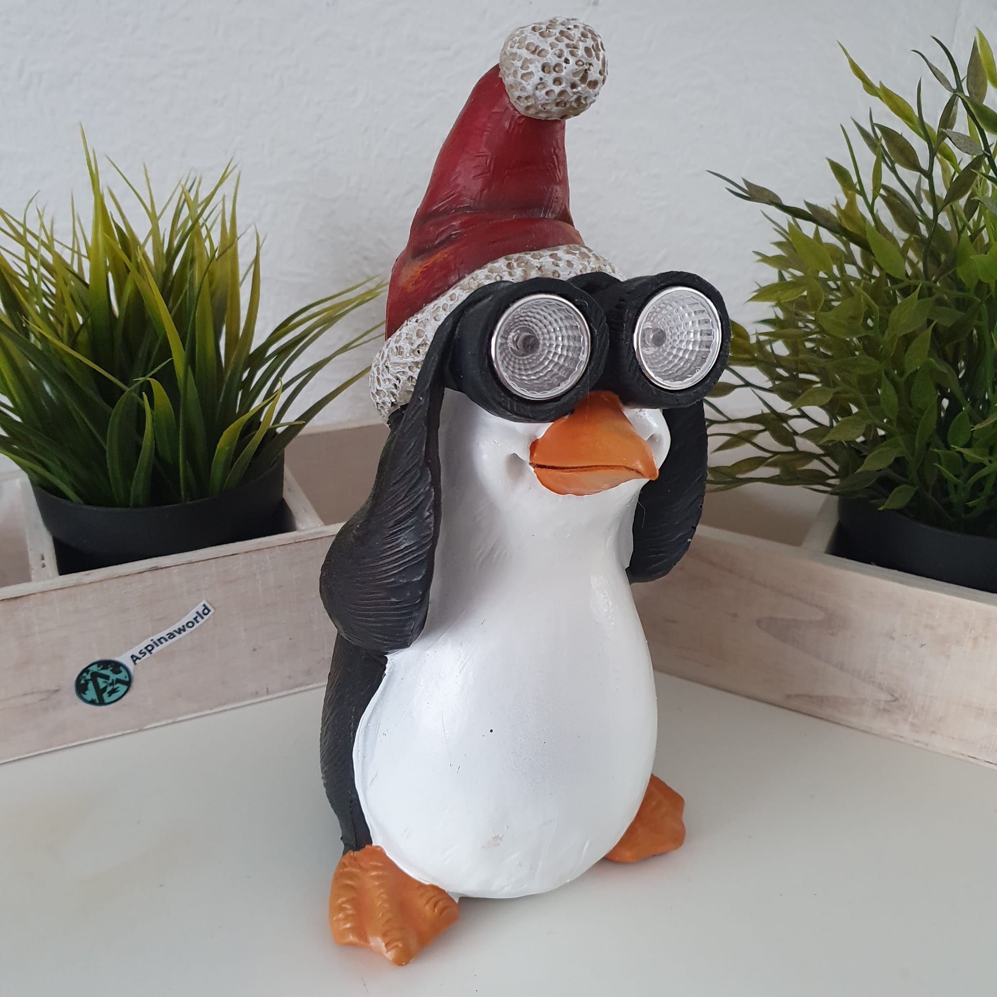 Weihnachtsdeko Pinguin Figur mit Solar Fernglas 26 cm