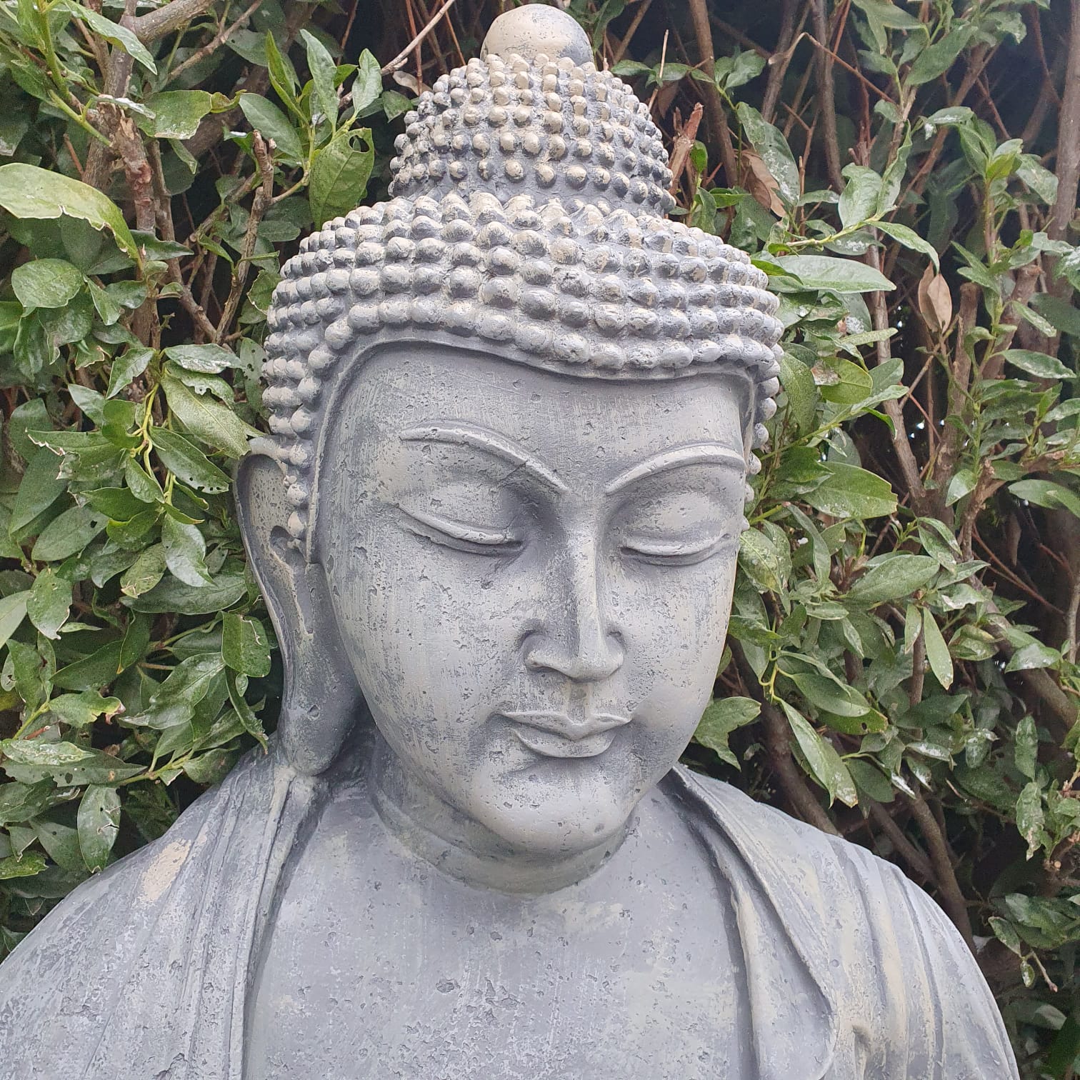 Großer Asia Buddha sitzt mit offener Hand Nahansicht vom Kopf