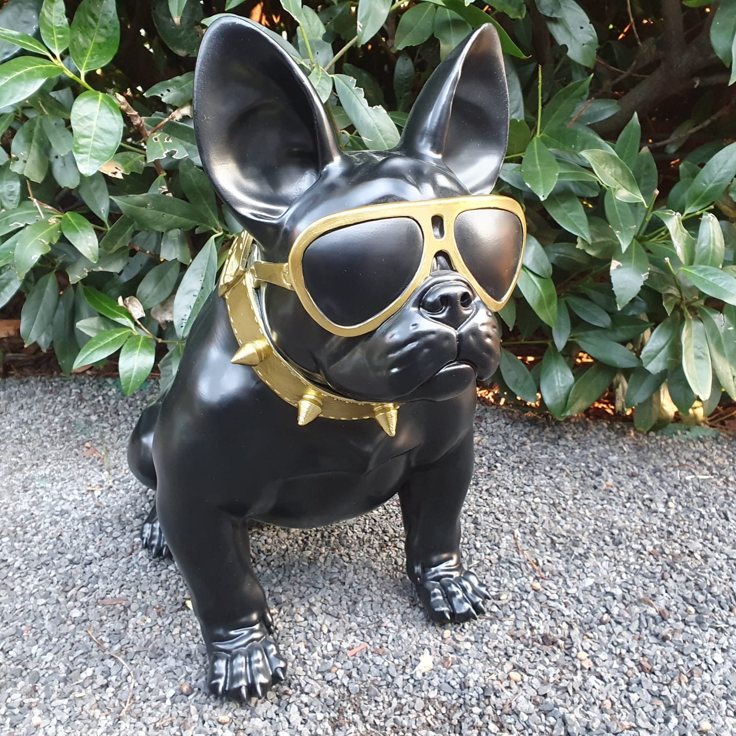 Gartenfigur sitzende Französische Bulldogge Figur mit Brille 45 cm