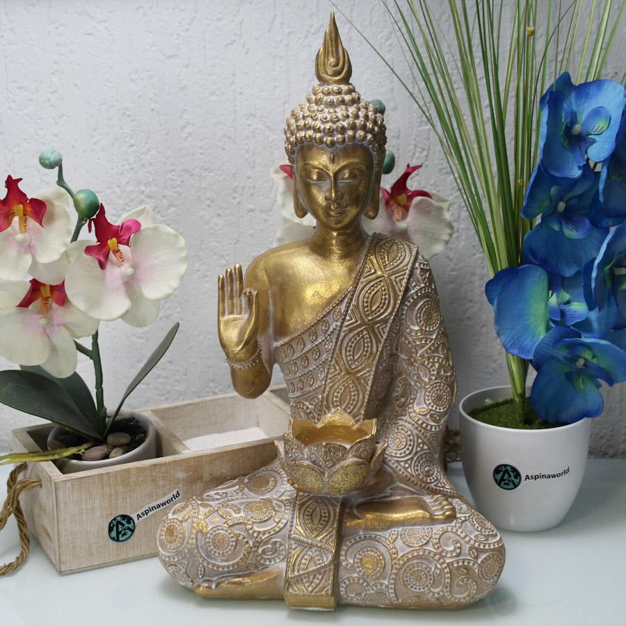 Sitzende Buddha Figur als Teelichthalter Gold 38 cm