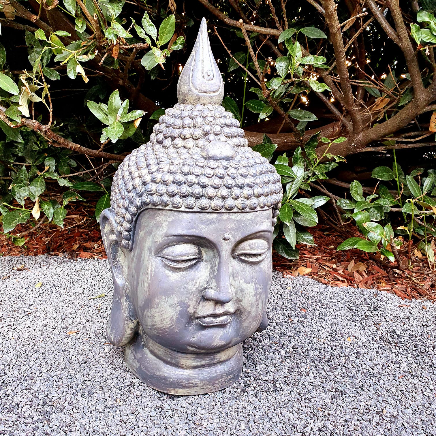 Gartenfigur graue Buddha Kopf Figur 55 cm