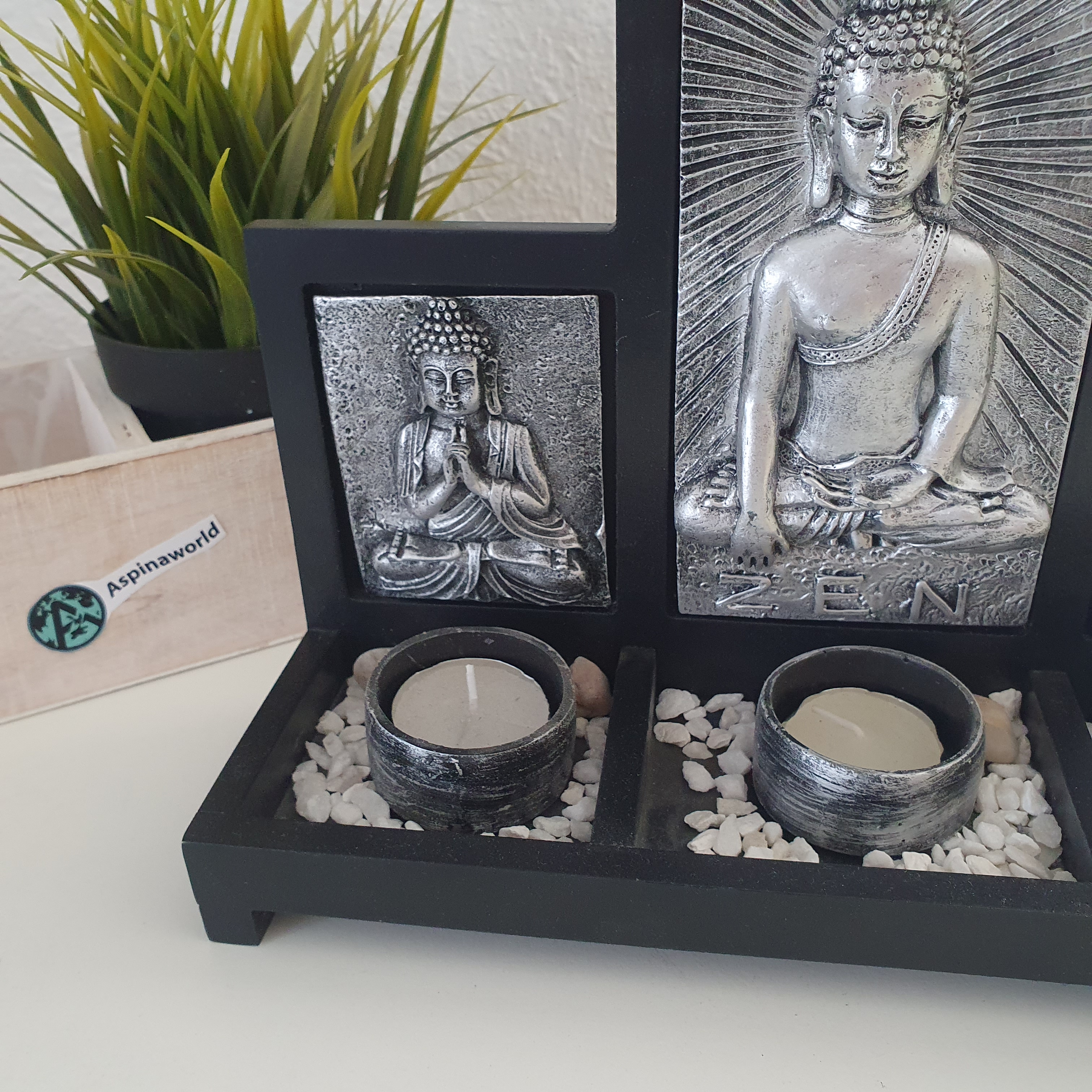 Buddha Teelichthalter für 3 Teelichter Silber 22 cm
