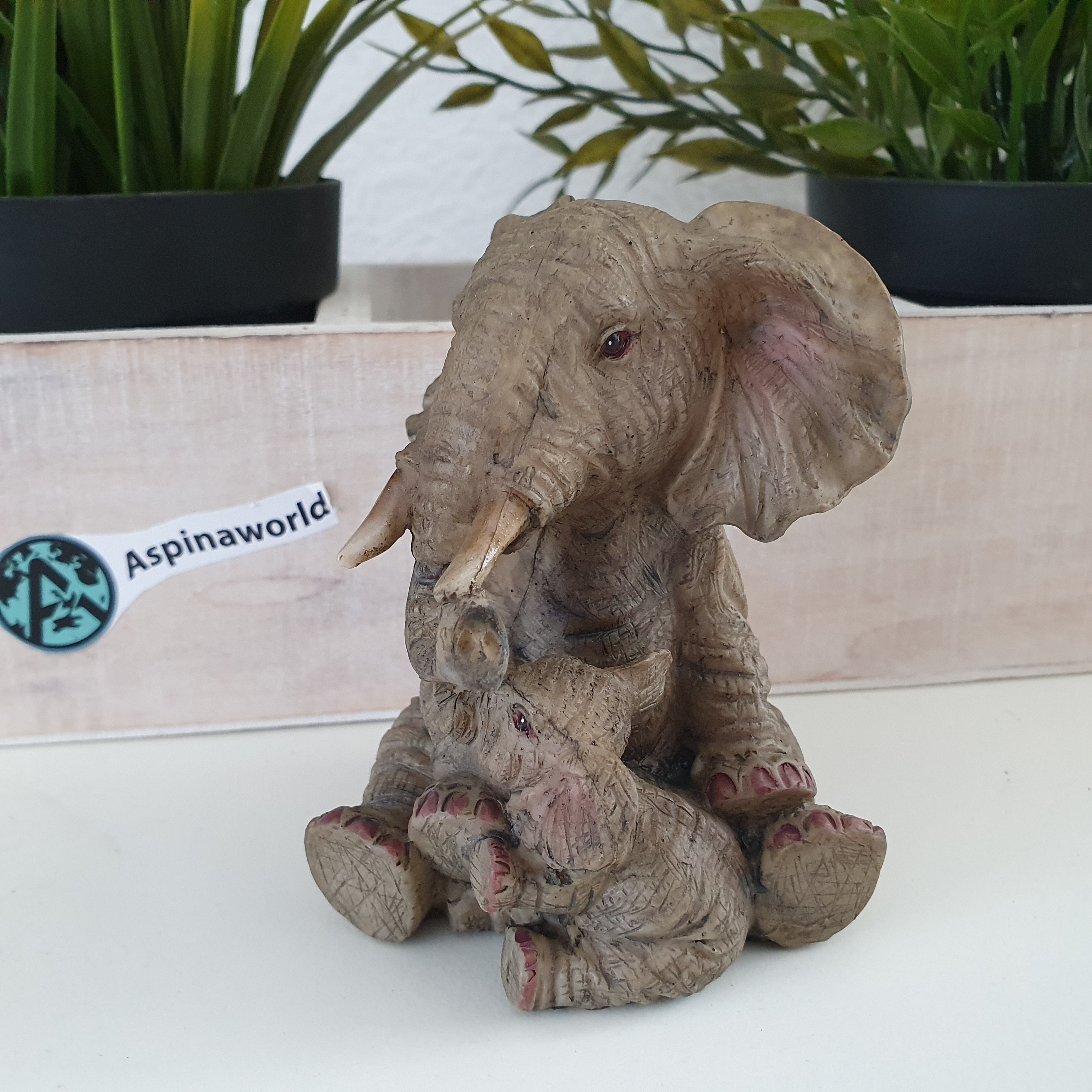 Afrika Deko sitzende Elefanten Figur mit Baby 10 cm