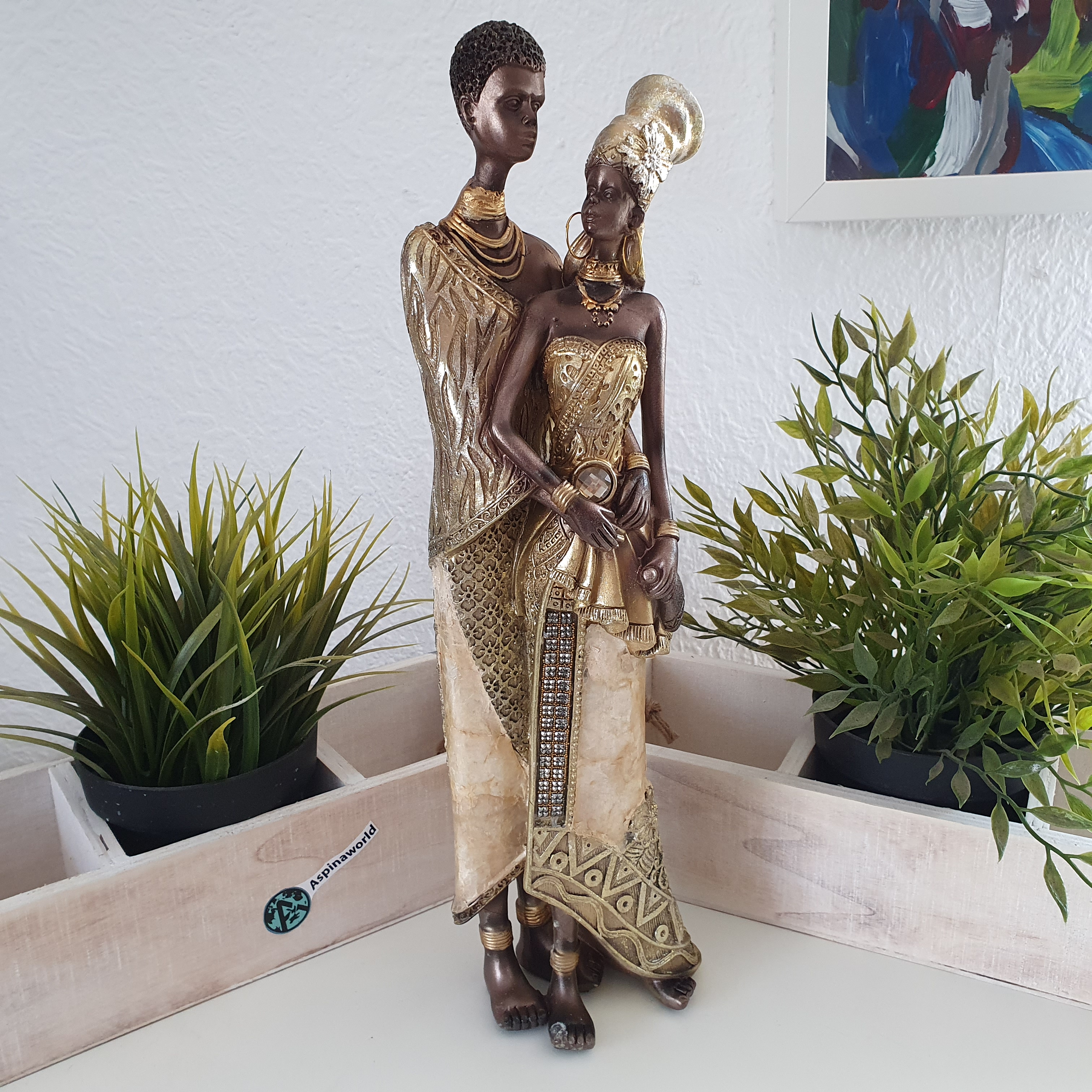 Afrikadeko Afrika Paar in Gold sitzend als Dekofigur