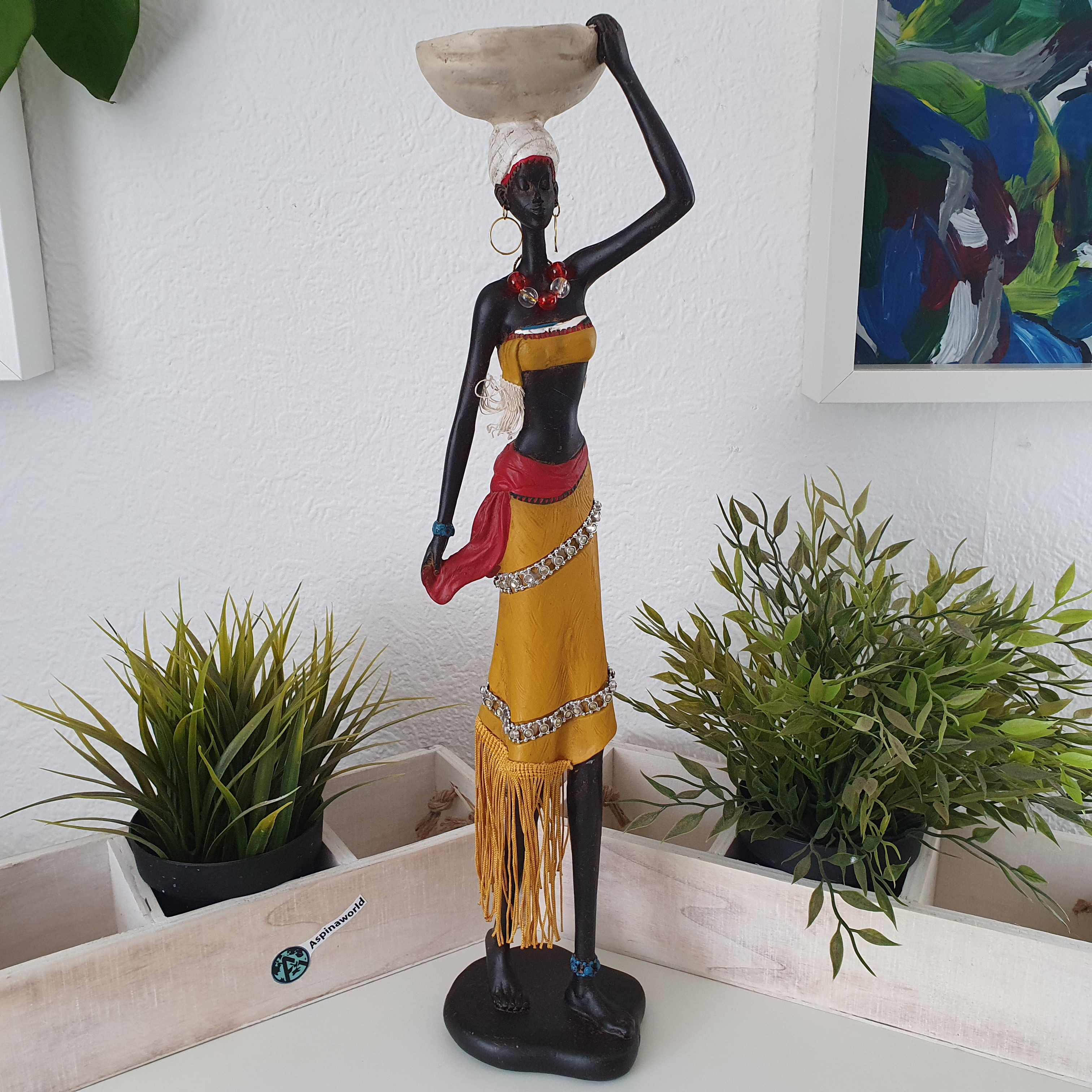 Afrikanische Dekofigur Frau mit Wasserschale auf dem Kopf und Paillettenschmuck 46 cm