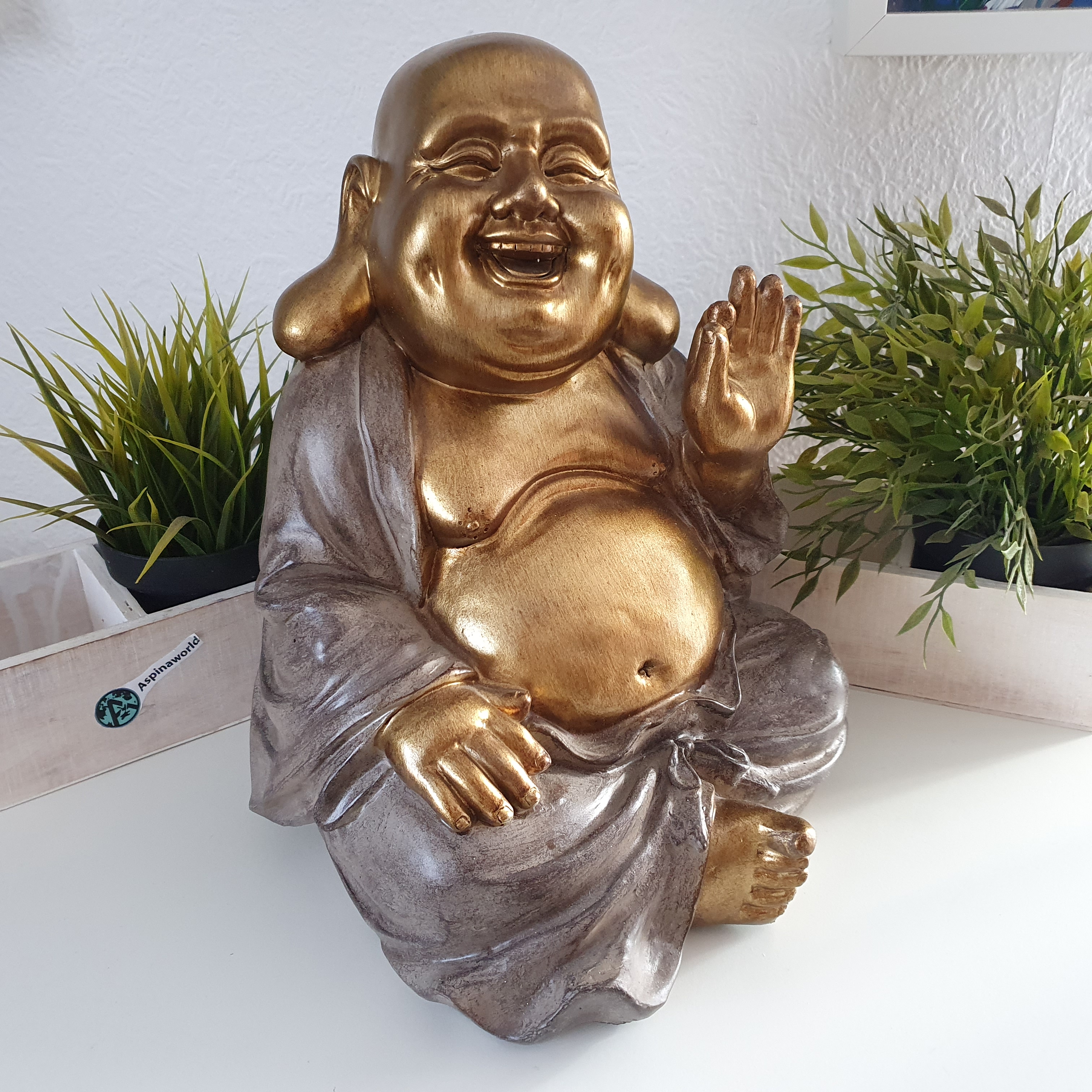 Große sitzende Buddha Figur mit dickem Bauch gold 30 cm
