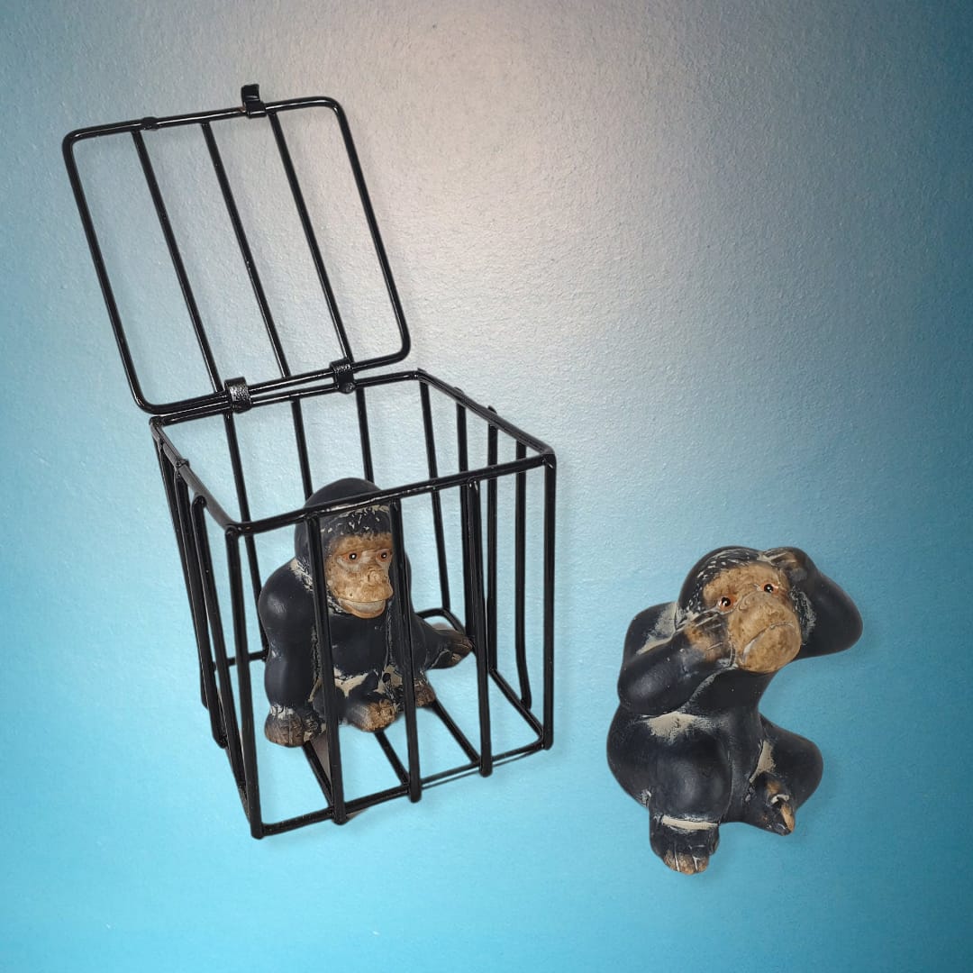 2 Affen Figuren mit Käfig 8 cm