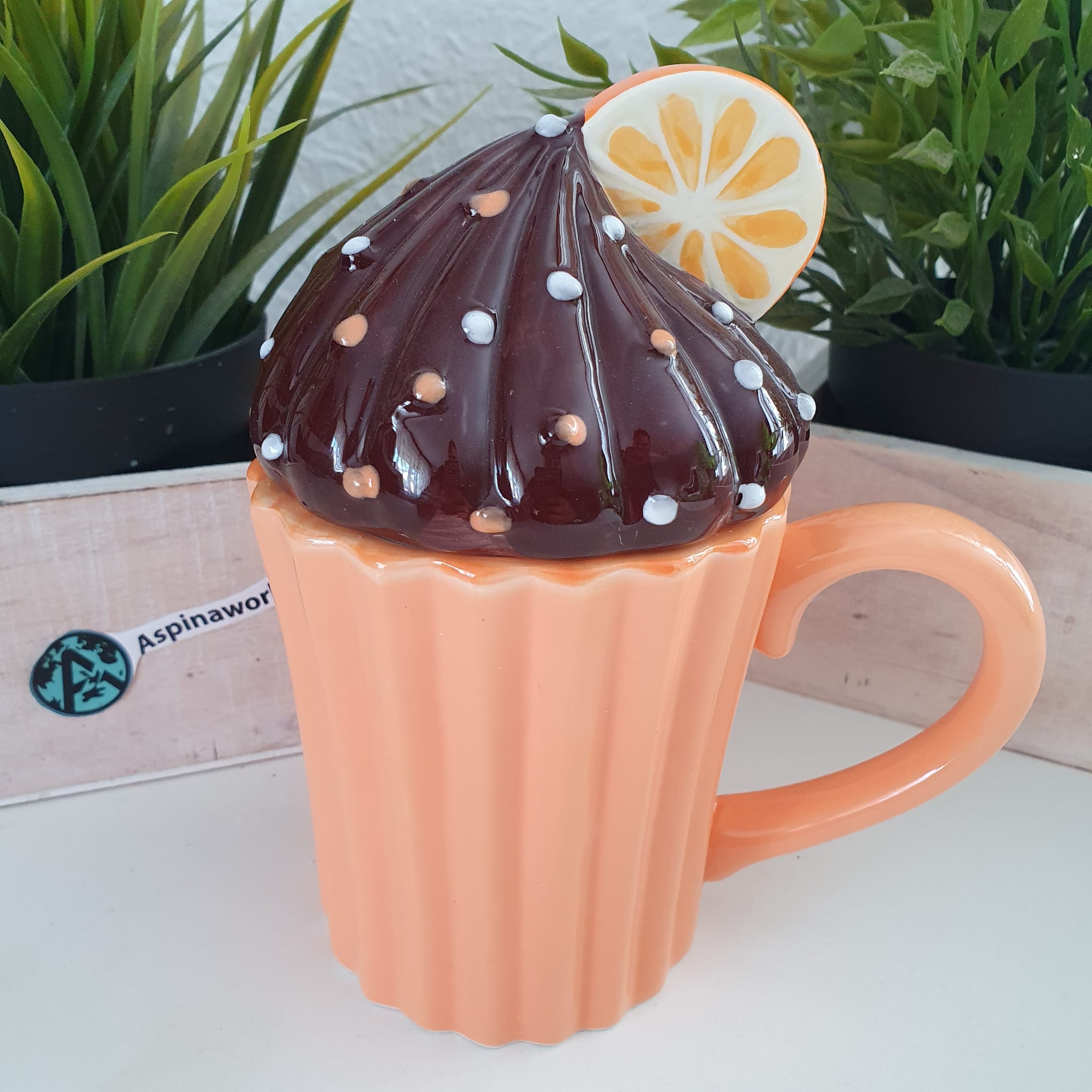 Cupcake Keramik Tasse mit Orange auf dem Deckel 300 ml