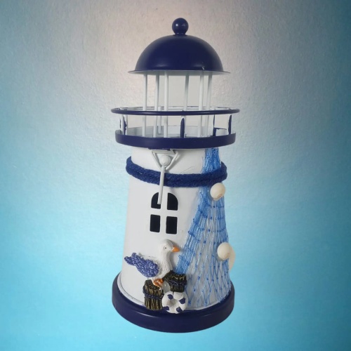  Maritime Deko Leuchtturm Teelichthalter aus Metall mit Möwen 14 cm