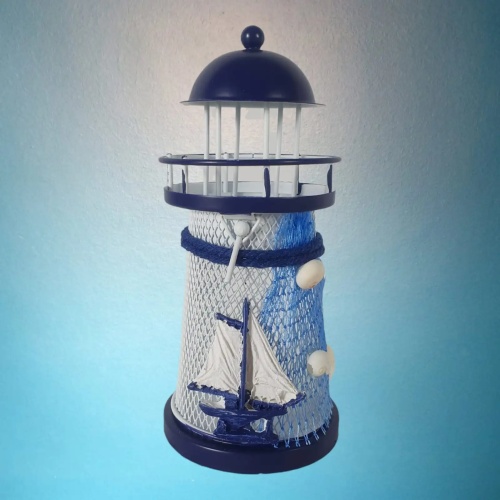  Maritime Deko Leuchtturm Teelichthalter aus Metall mit Schiff 14 cm 